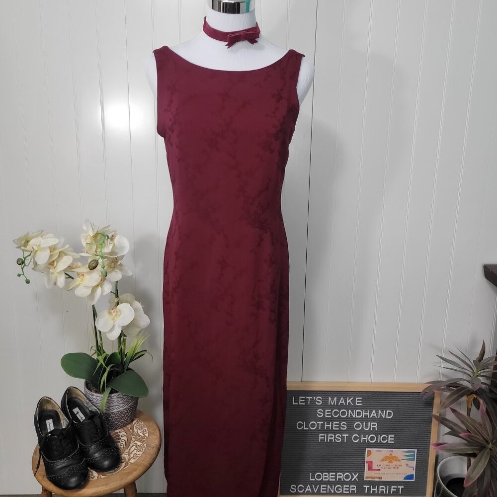 Vtg Ann Taylor Y2k Whimsigoth Floral Embroidered Sheer Maroon Sheath MaxiDress 8 - Picture 12 of 16